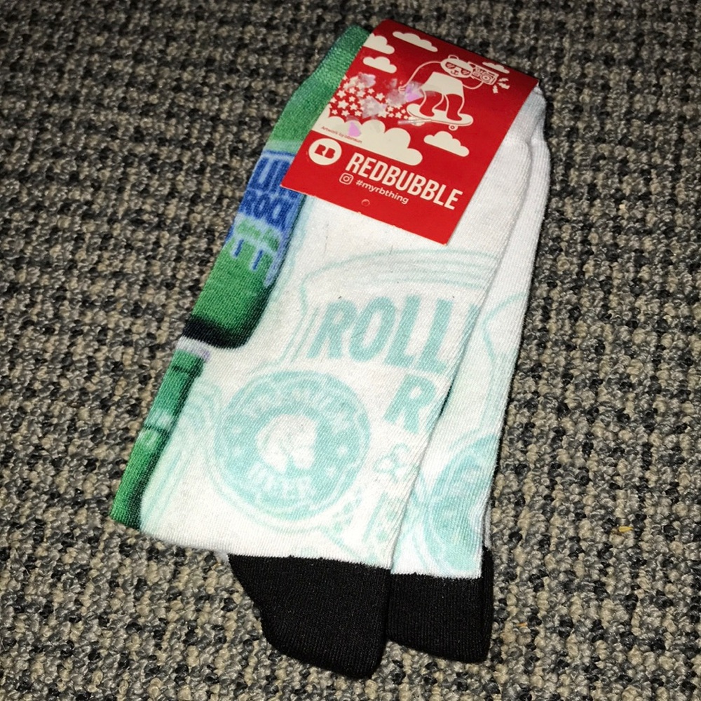 Rolling Rock‎ beer Redbubble White, Green & Black Graphic Crew Socks
